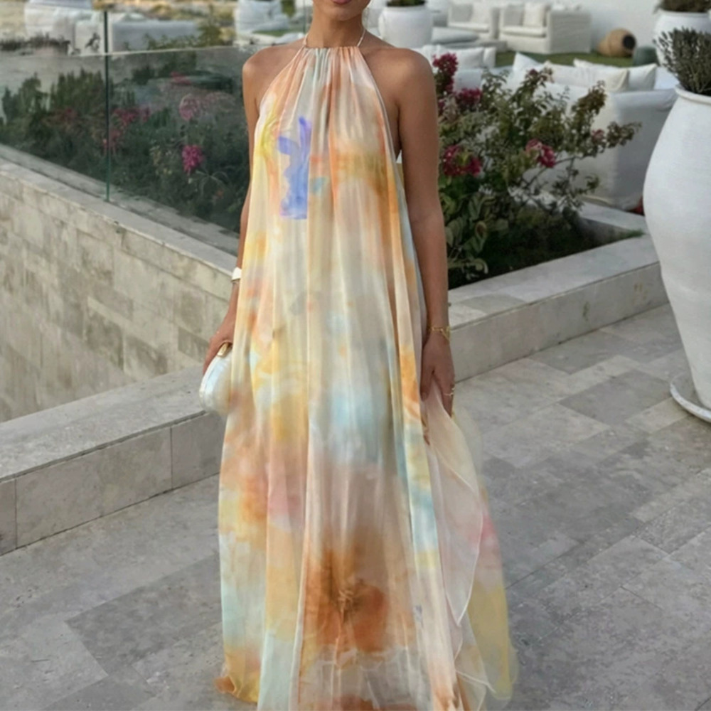 ZARA Womens Summer Casual Loose Printed Halter Off Shoulder Long Dress